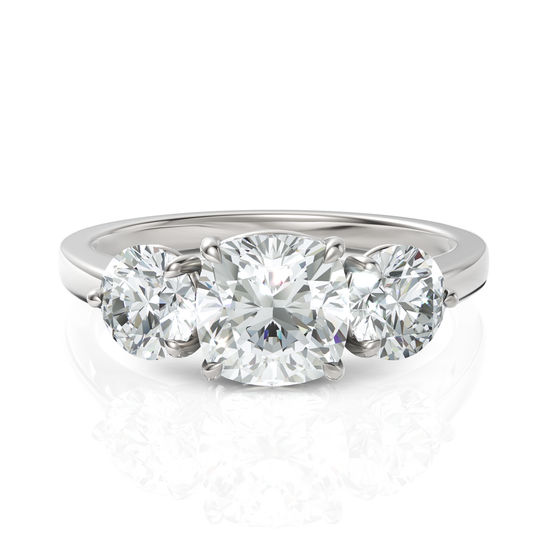 Three Stone solitaire Ring With Cushion Cut & Round Cut Diamond (1.50 CT. Cushion Cut)