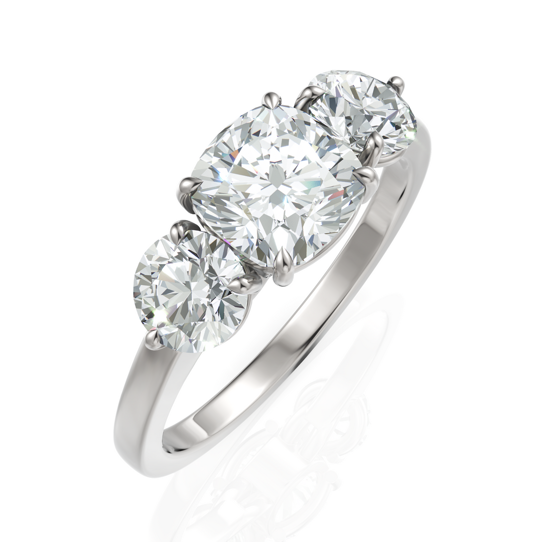 Three Stone solitaire Ring With Cushion Cut & Round Cut Diamond (1.50 CT. Cushion Cut)